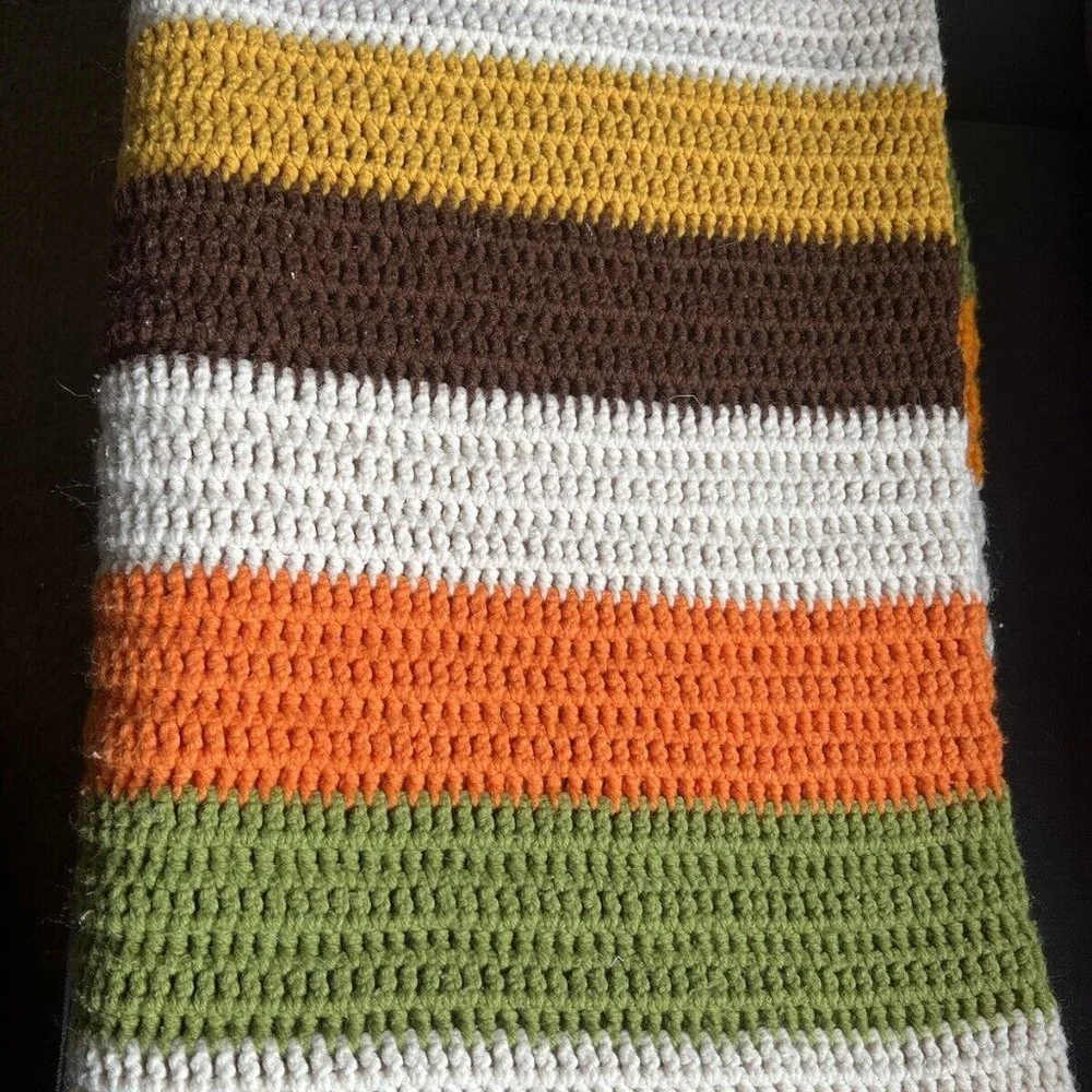 Vintage Retro Crochet‎ Striped Afghan Blanket White Orange Green Yellow Brown